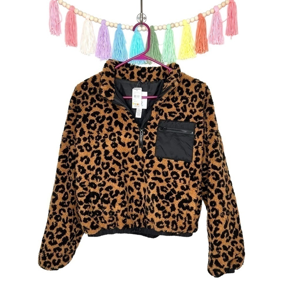 Full Tilt Faux Shearling Sherpa Cropped 1/4 Zip Leopard Pullover Popover NWT